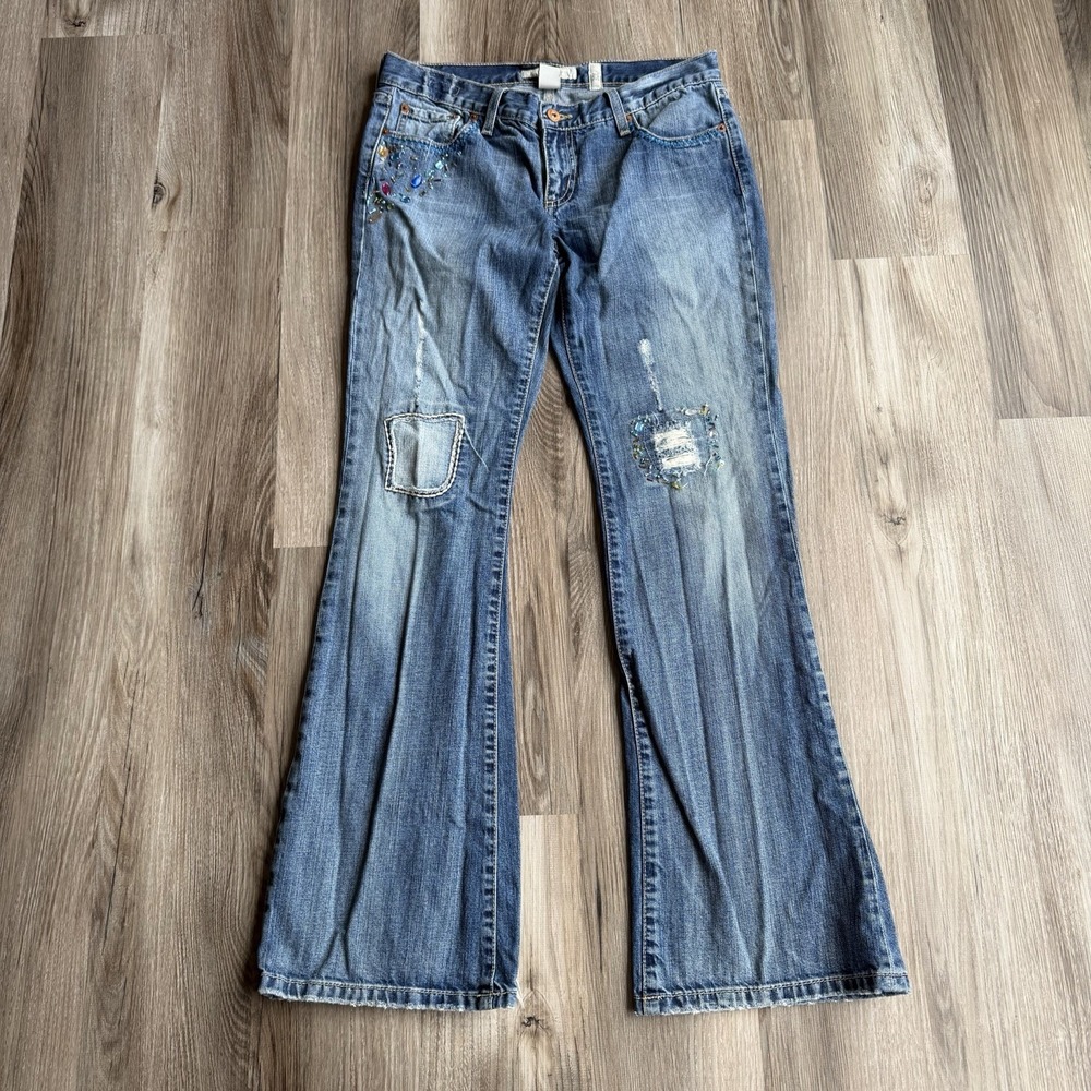 COLINS Flare‎ Zoe Embroidered Low Rise Blue Denim Jeans Sz 4/27 Vintage Y2K Boot